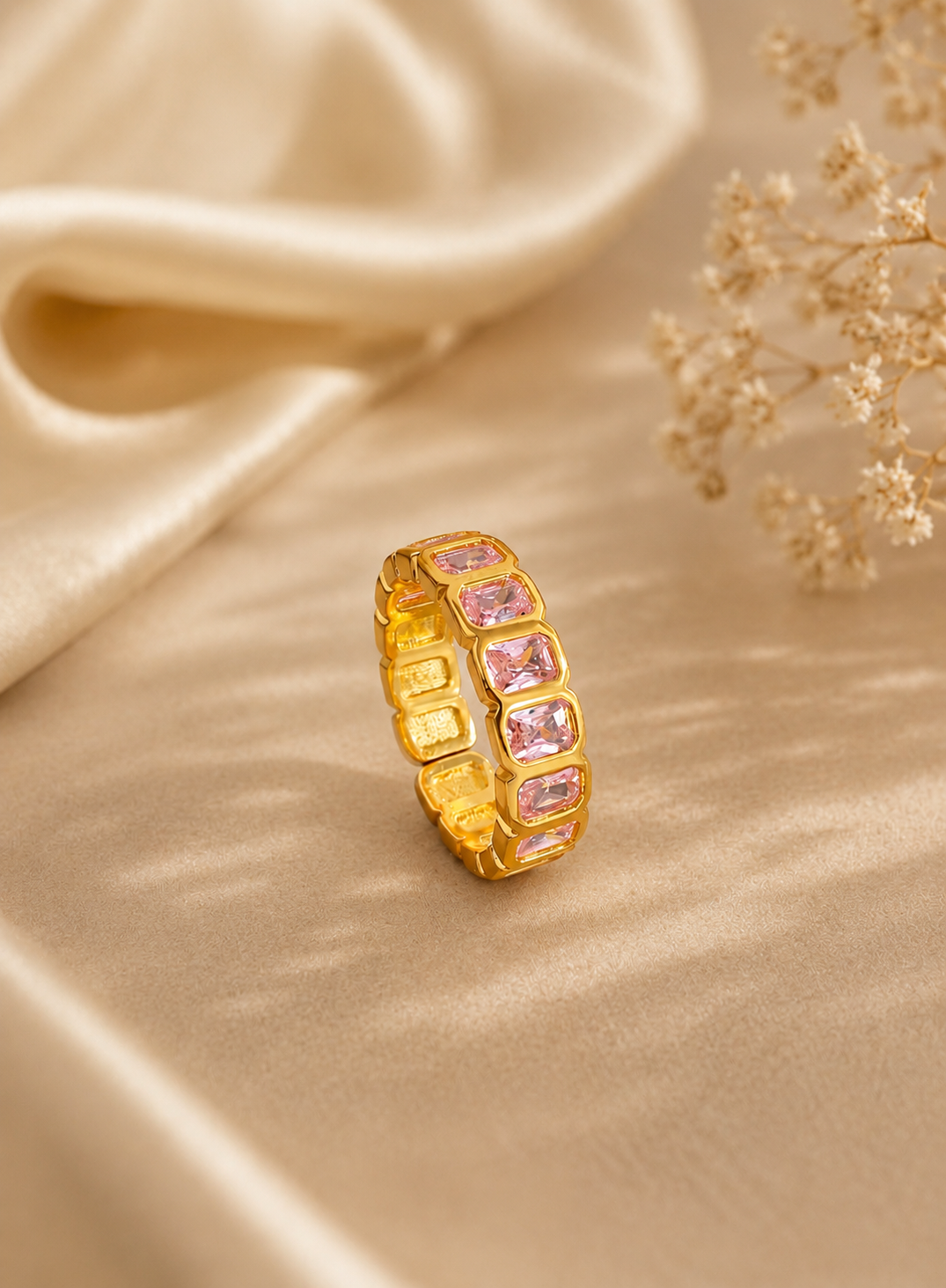 Luxe Pink-Cut Crystal Open Ring – Gold Plated