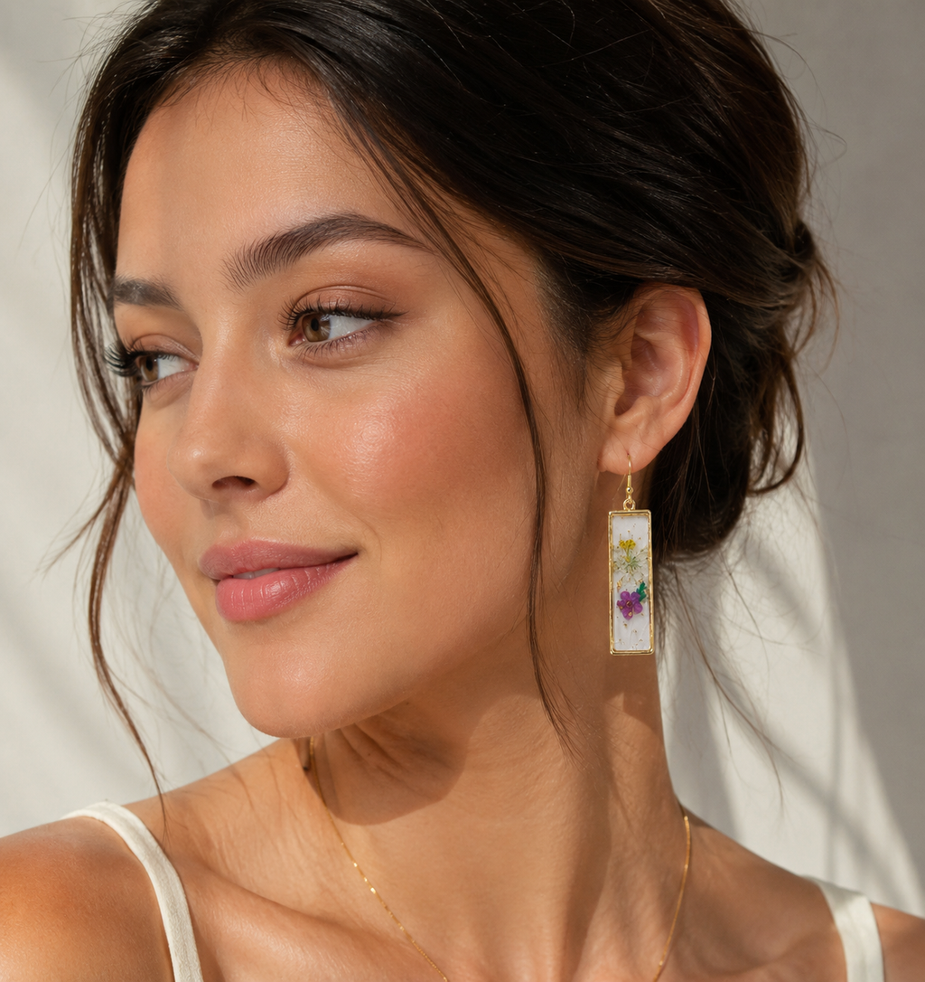 Purple Flower Rectangle Epoxy Earrings | Waterproof Gold-Plated Floral Earrings