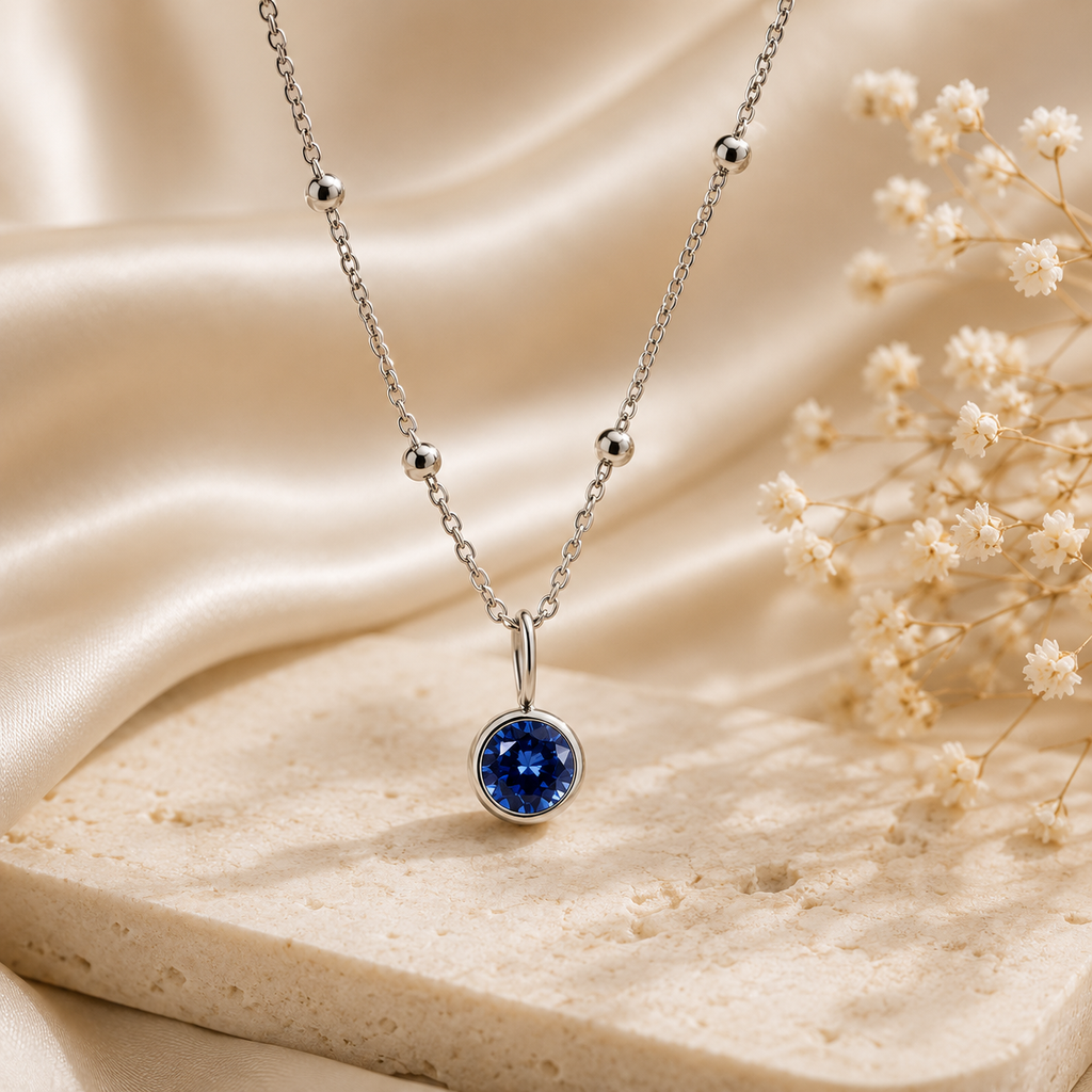 Birthstone September Blue Silver Pendant Necklace