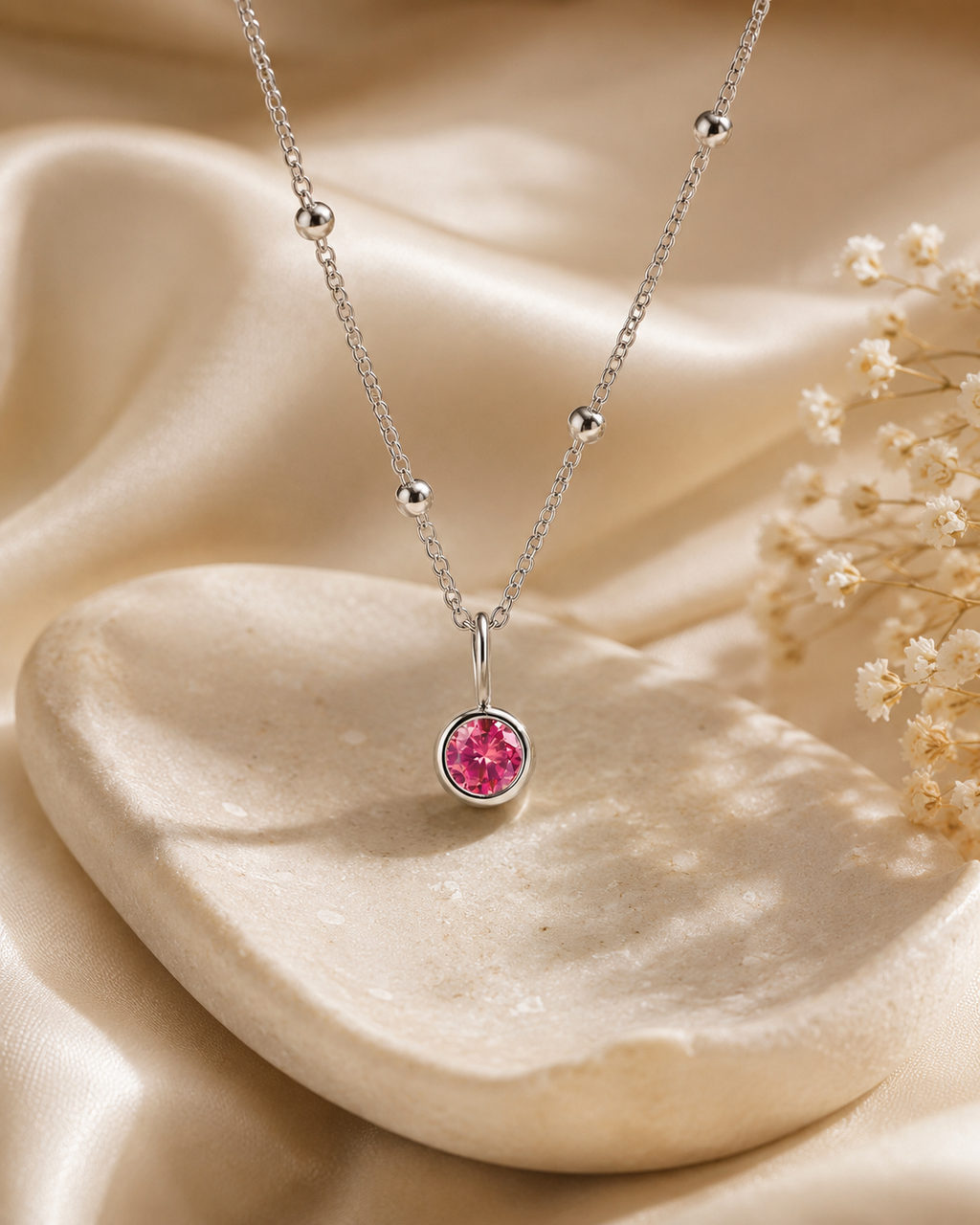 Birthstone July Rose Red-Silver Pendant Necklace