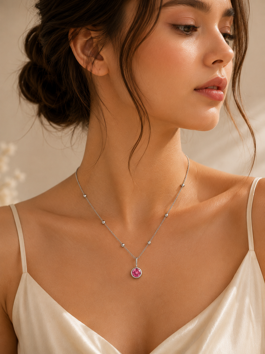Birthstone July Rose Red-Silver Pendant Necklace