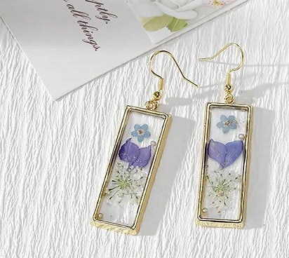 Rectangle Epoxy Blue Flower Earrings  | Waterproof Gold-Plated Floral Earrings