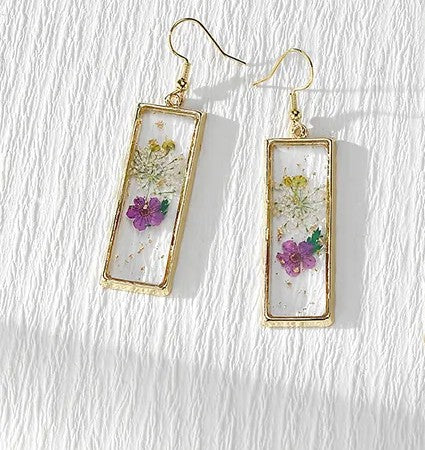 Purple Flower Rectangle Epoxy Earrings | Waterproof Gold-Plated Floral Earrings