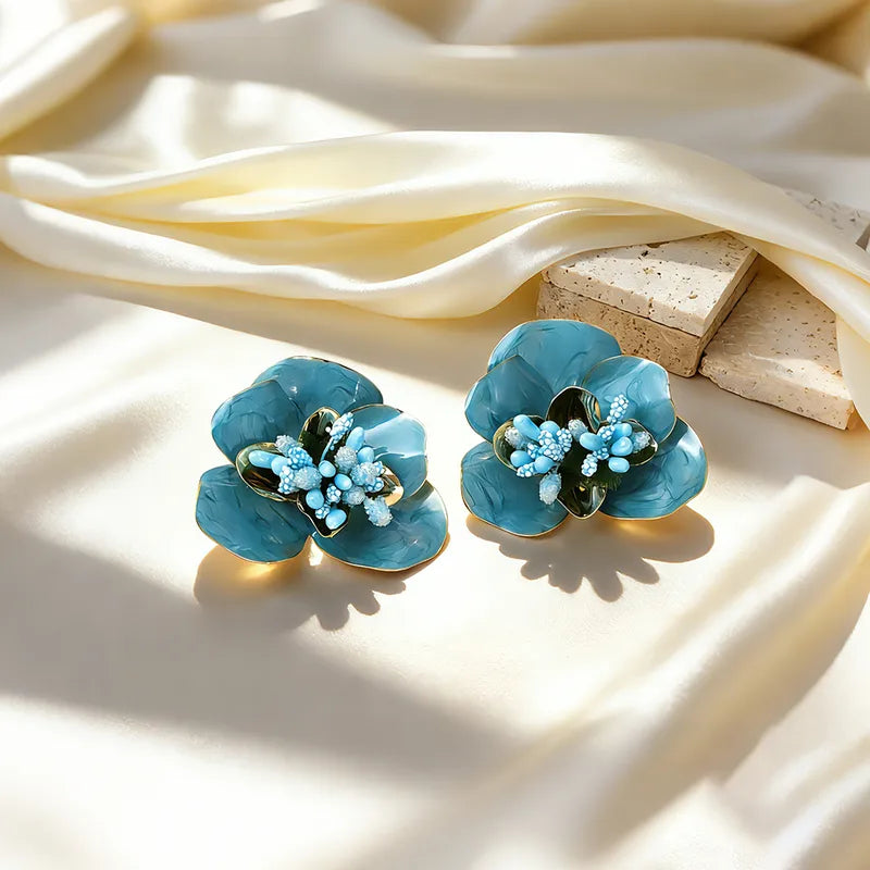 Blue Bloom Luxe Enamel Flower Statement Earrings