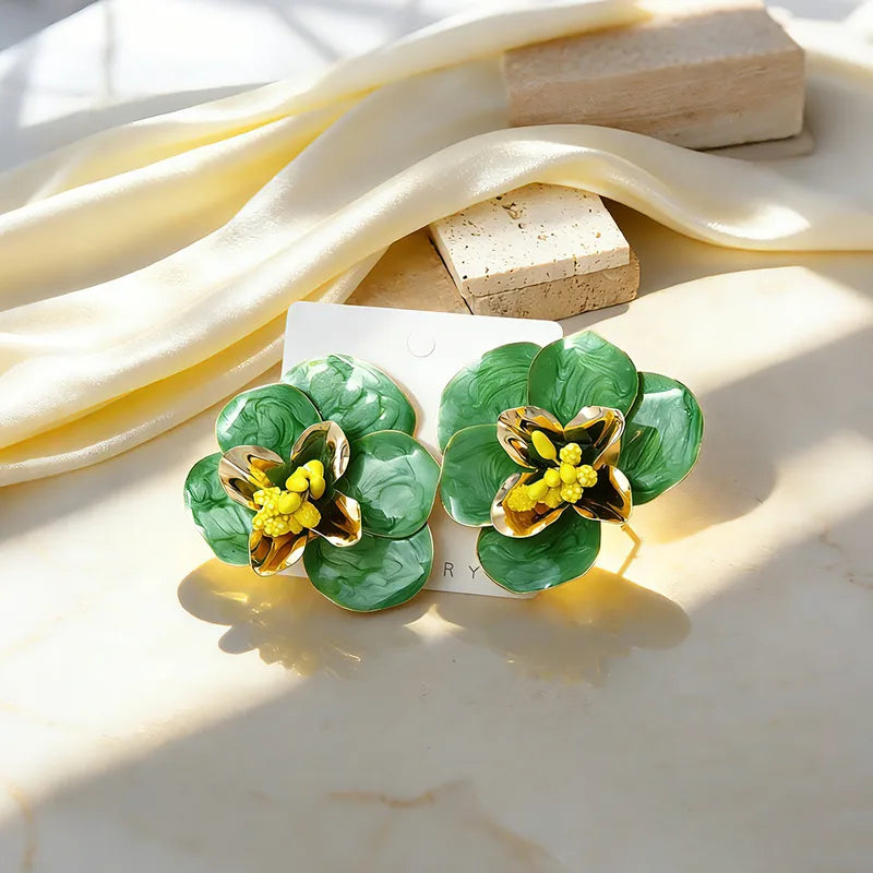 Green Bloom Luxe Enamel Flower Statement Earrings