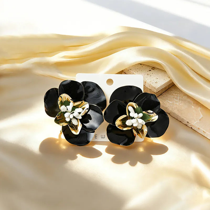 Black Bloom Luxe Enamel Flower Statement Earrings