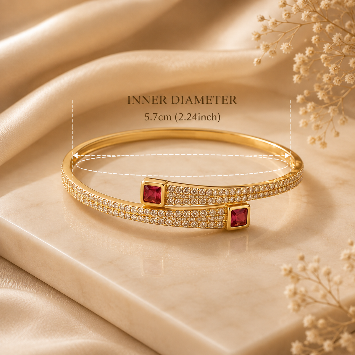 Ruby Radiance Gold Cuff Bracelet | Waterproof & Tarnish-Resistant