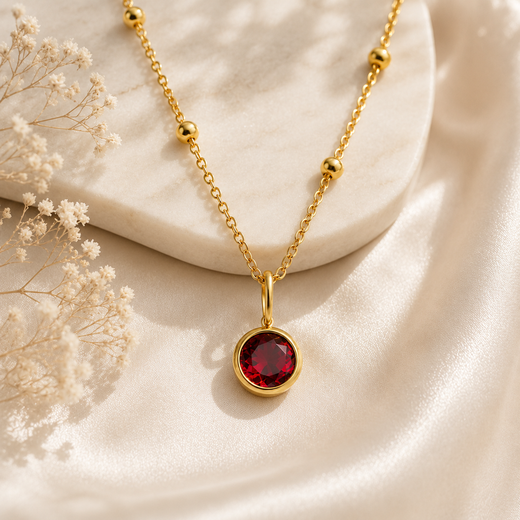 Birthstone January Red Stone Gold Pendant Necklace