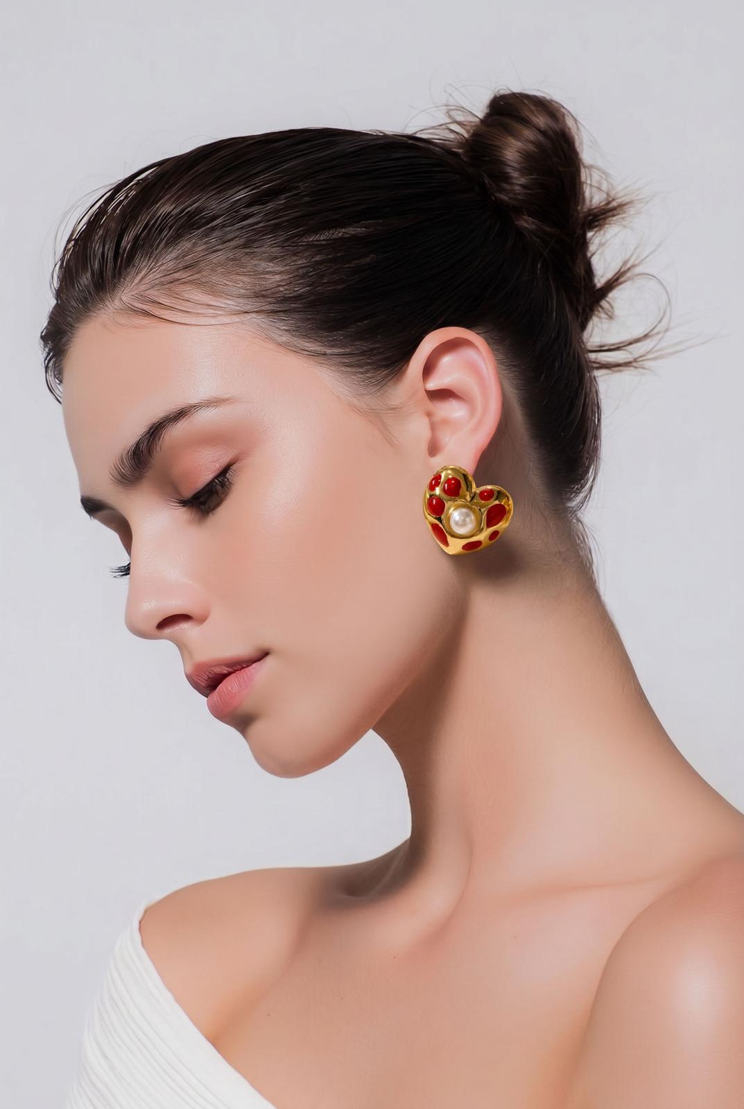 Aurelia Co. Noir Pearl Red Heart Stud Earrings – 18K Gold Plated