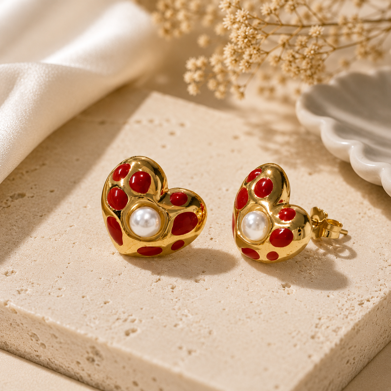 Aurelia Co. Noir Pearl Red Heart Stud Earrings – 18K Gold Plated
