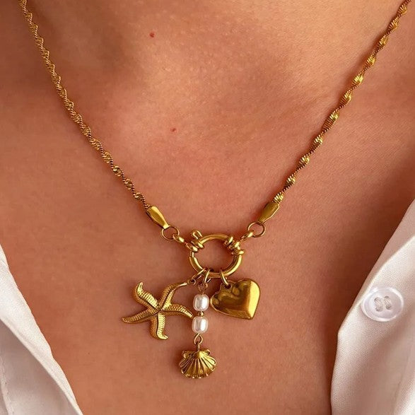 Gold Plated Starfish Shell Heart Shaped Necklace