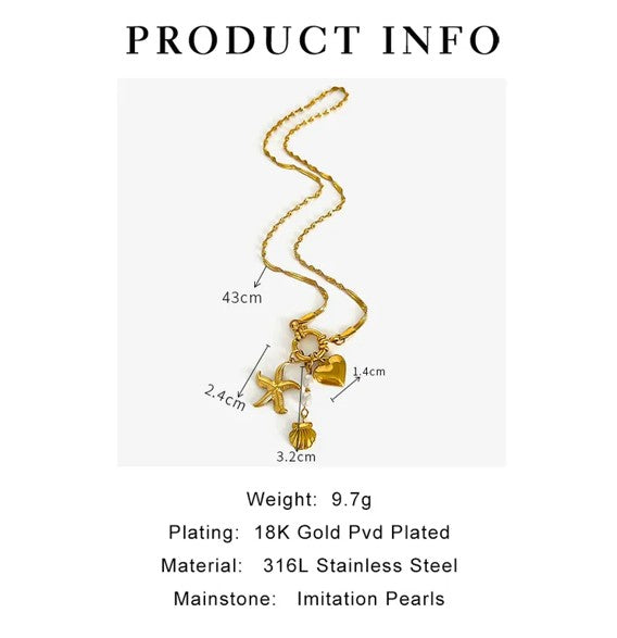 Gold Plated Starfish Shell Heart Shaped Necklace