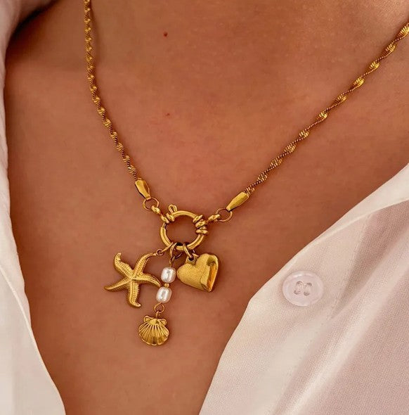 Gold Plated Starfish Shell Heart Shaped Necklace
