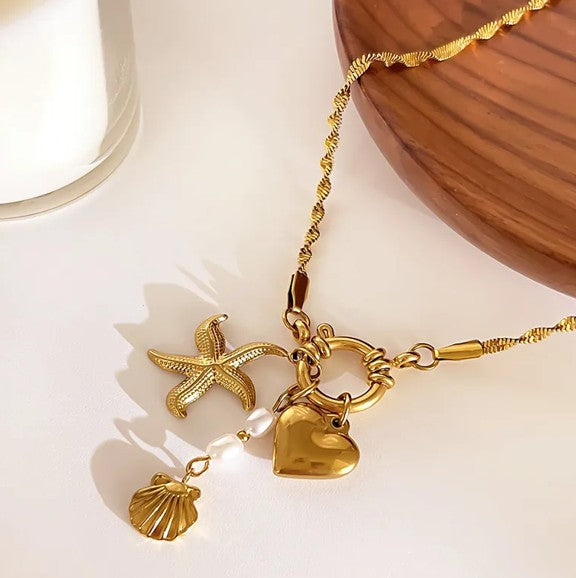 Gold Plated Starfish Shell Heart Shaped Necklace