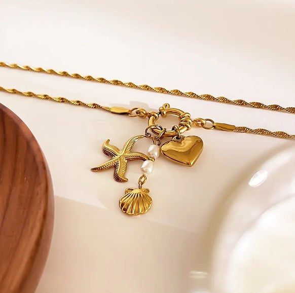 Gold Plated Starfish Shell Heart Shaped Necklace