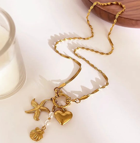 Gold Plated Starfish Shell Heart Shaped Necklace