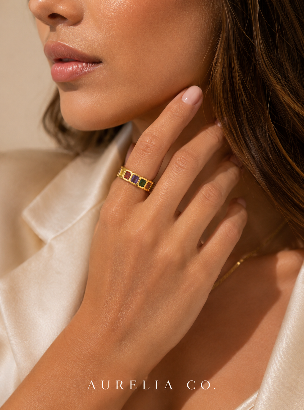 Luxe Multicolour Crystal Open Adjustable Ring – Gold Plated