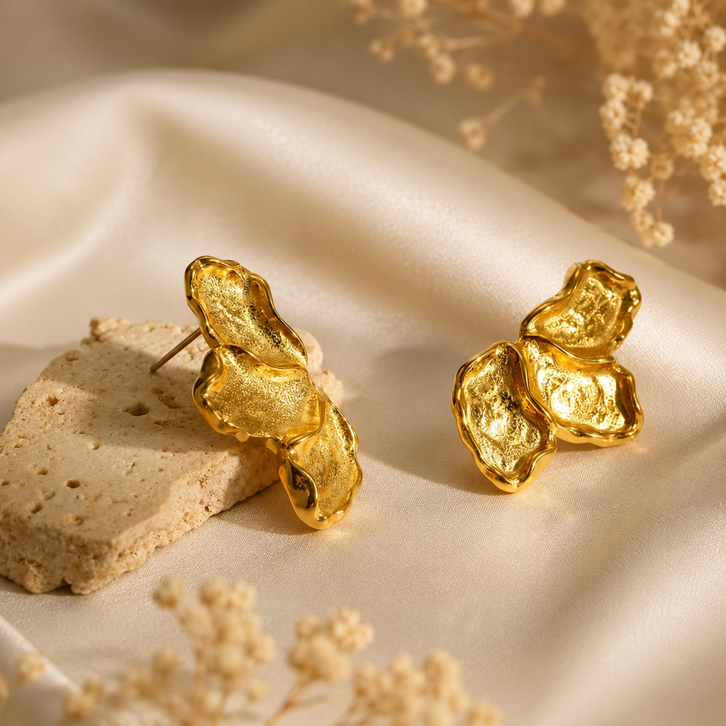 Gold Petal Waterproof Earrings – Elegant Floral Drop Design