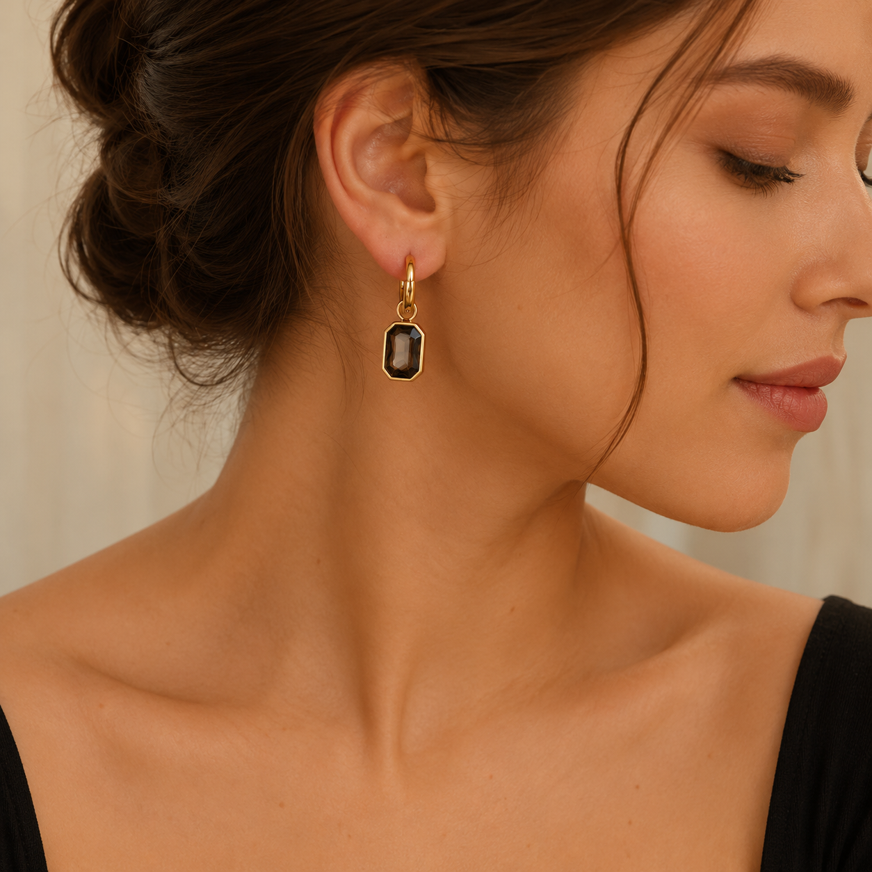 Black Square Rhinestone Waterproof Earrings – Elegant Gold Statement Earrings
