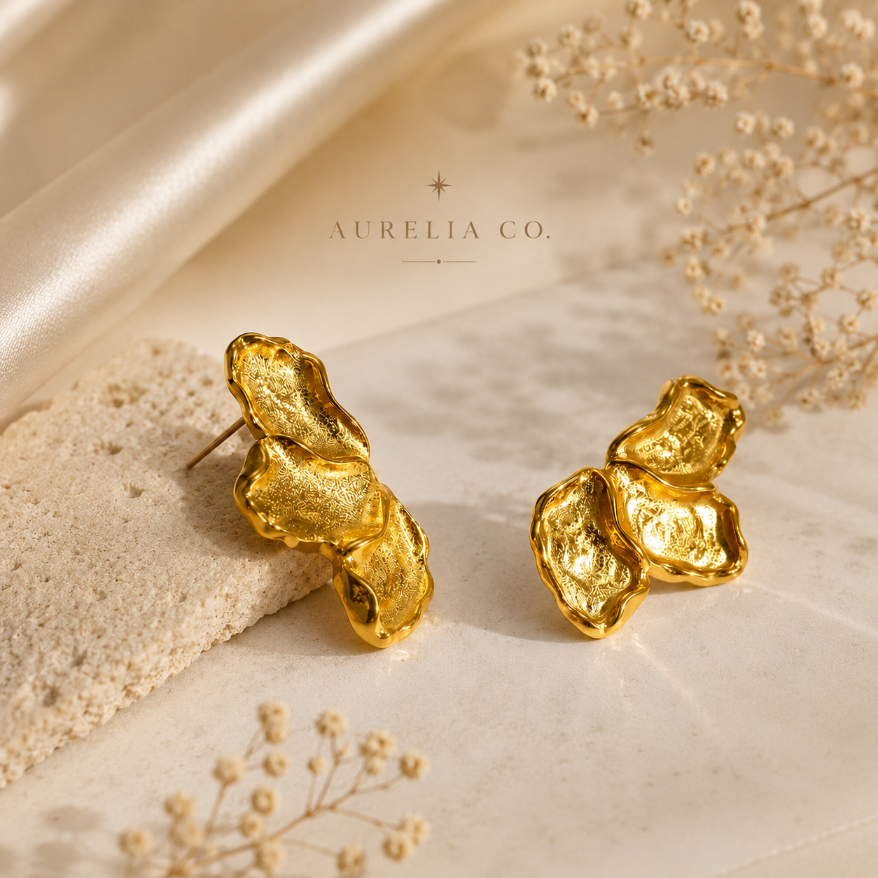 Gold Petal Waterproof Earrings – Elegant Floral Drop Design