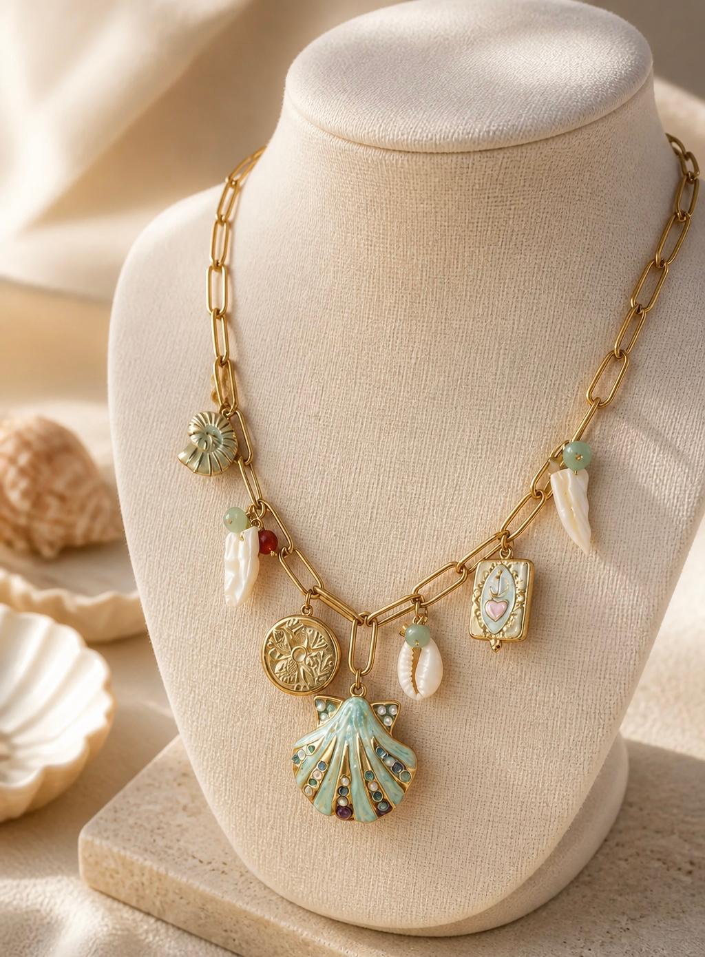 Ocean Multi-Charm Necklace – Gold Plated Seashell Statement Necklace