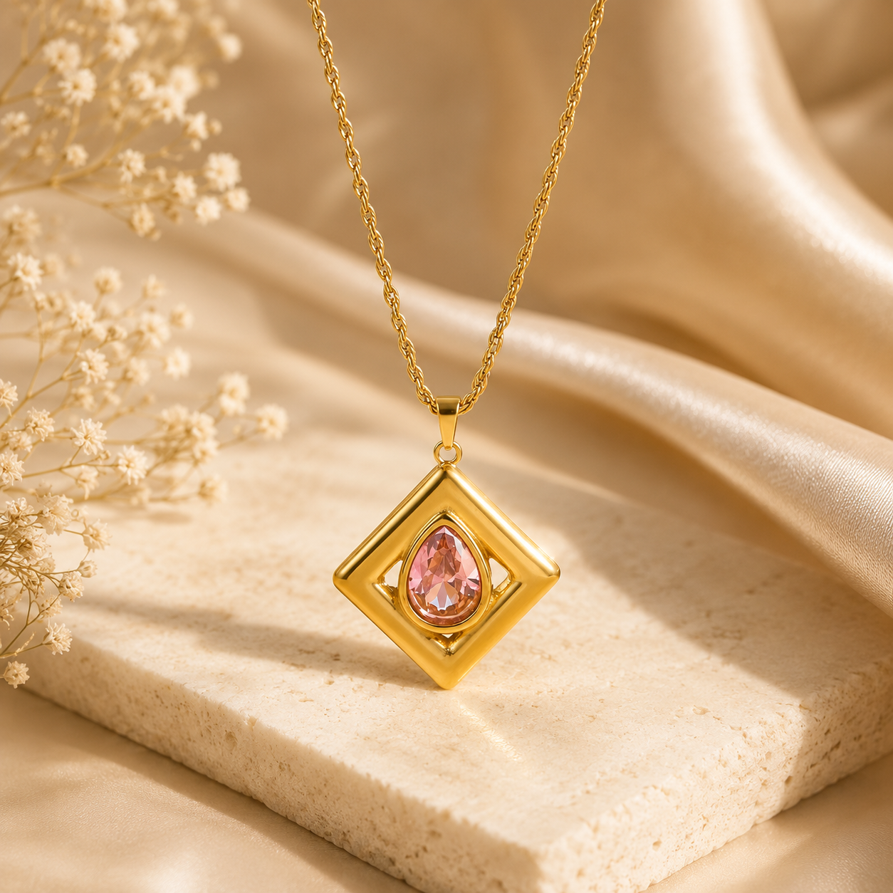 Blush Prism Pendant Necklace | Waterproof 18K Gold Necklace | Aurelia Co.