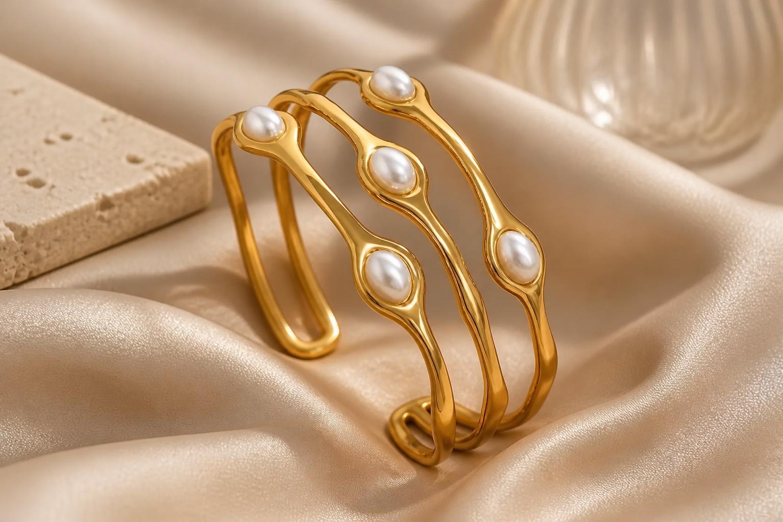 Gold Pearl Open Cuff Bracelet | Waterproof Tarnish-Free Bracelet | Aurelia Co.