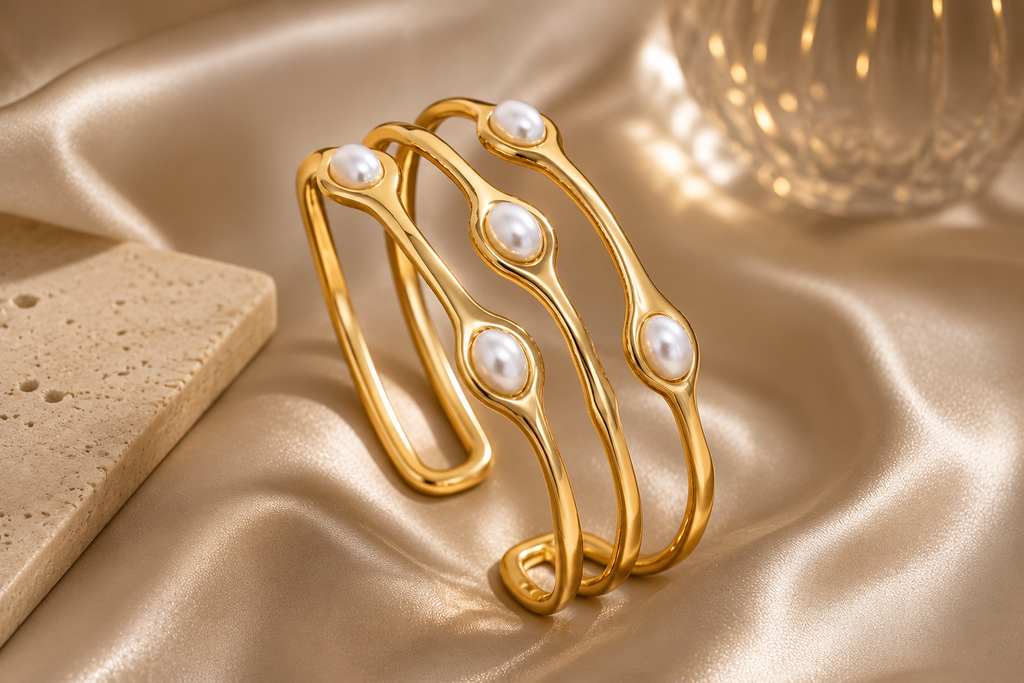 Gold Pearl Open Cuff Bracelet | Waterproof Tarnish-Free Bracelet | Aurelia Co.