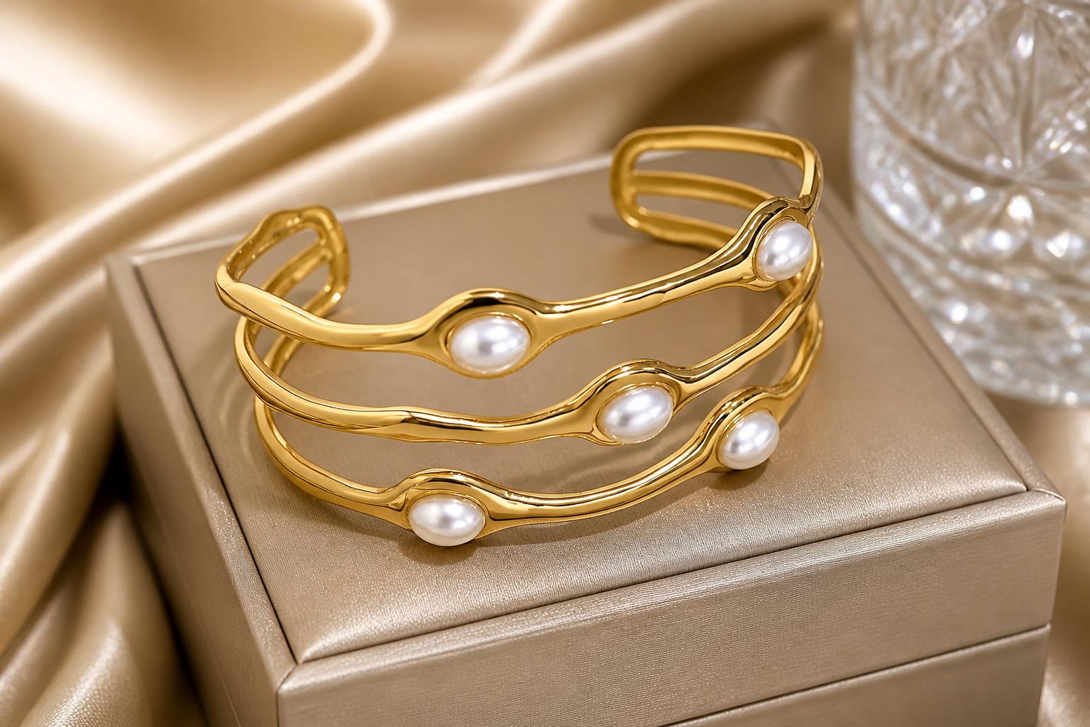 Gold Pearl Open Cuff Bracelet | Waterproof Tarnish-Free Bracelet | Aurelia Co.