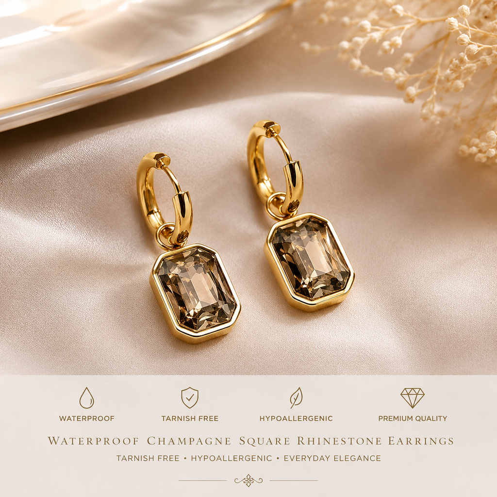Waterproof Champagne Square Rhinestone Earrings | Tarnish-Free Gold Jewellery
