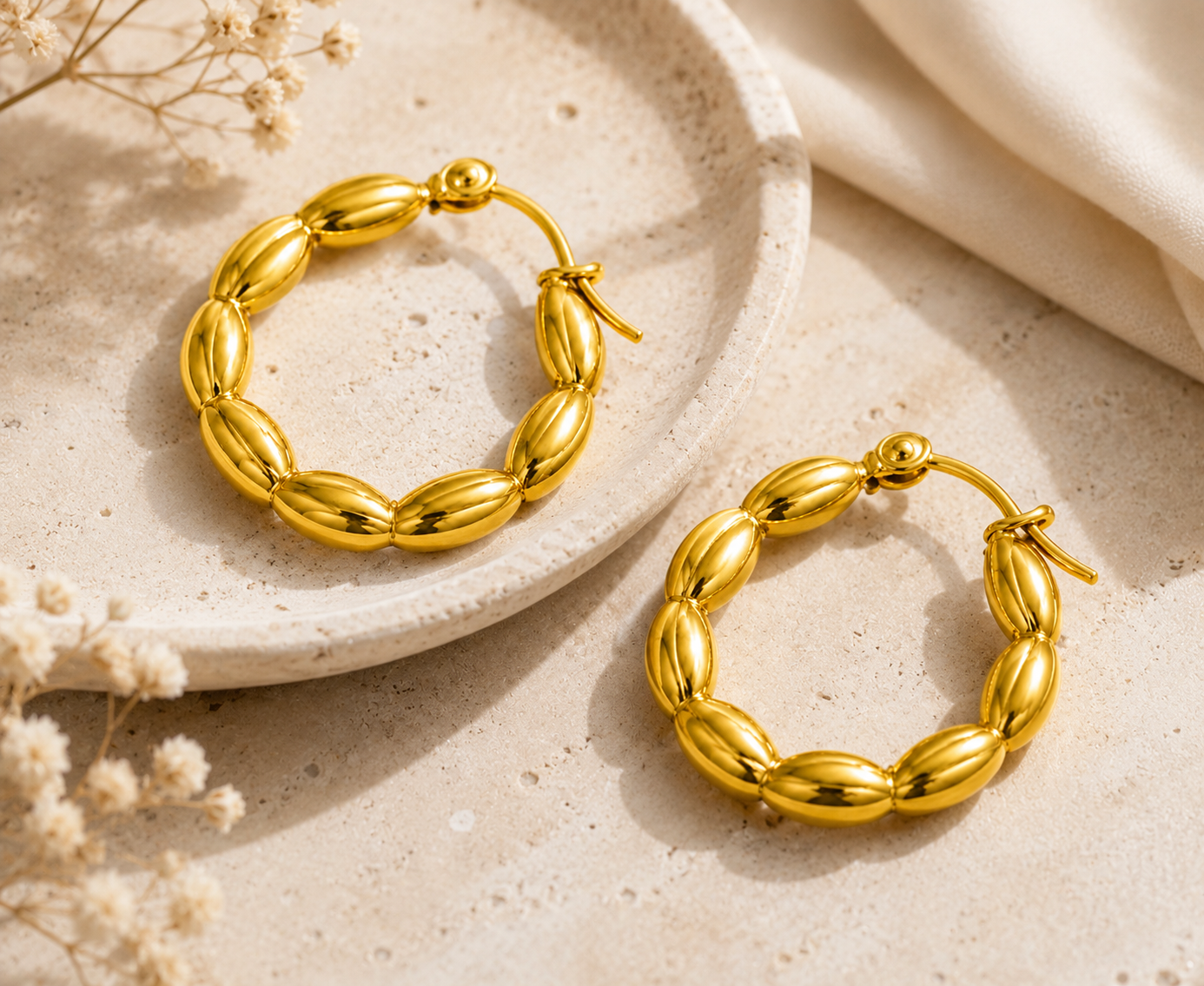Golden Beaded Hoop Earrings | Waterproof Gold Hoops | Aurelia Co.